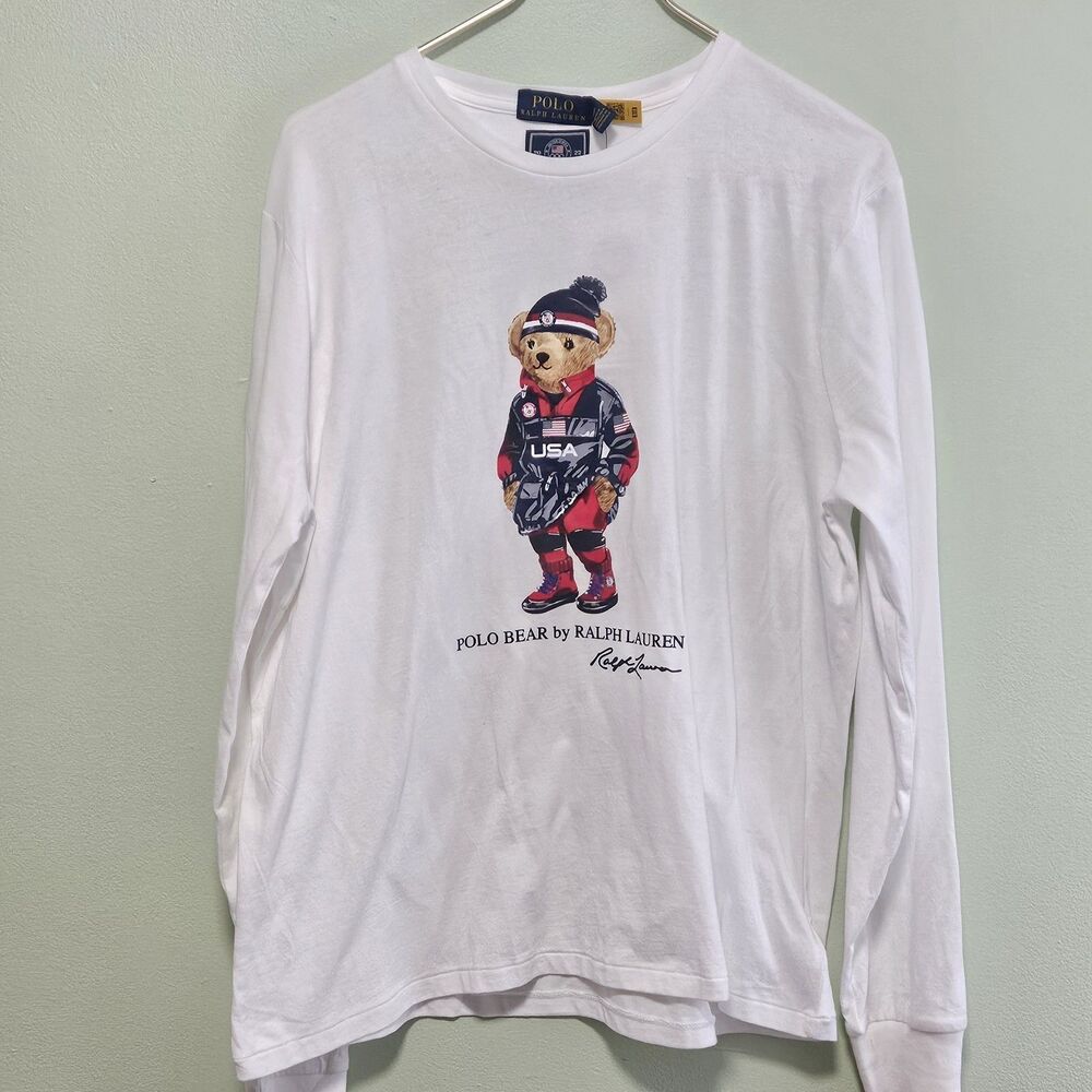 Polo Ralph Lauren Mens White Team USA Polo Bear Olympic T Tee Shirt Sweater READ